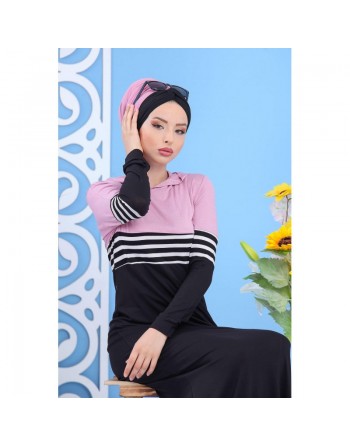 Robe bicolore à capuche - Tenue décontractée pour femme - Couleur Noir et Rose 