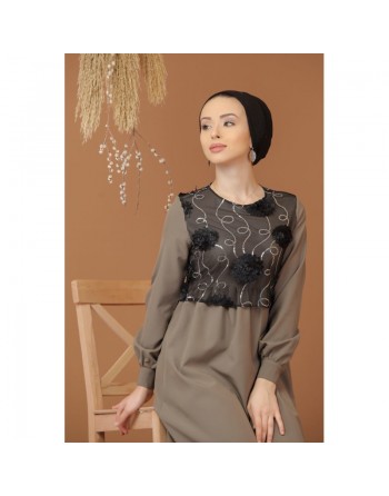 Robe élégante maxi-longue bi-matière pour femme (Grande taille disponible) - Couleur noir / kaki 