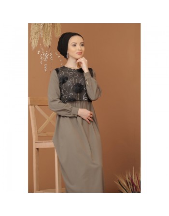 Robe élégante maxi-longue bi-matière pour femme (Grande taille disponible) - Couleur noir / kaki 