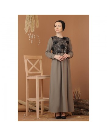 Robe élégante maxi-longue bi-matière pour femme (Grande taille disponible) - Couleur noir / kaki 