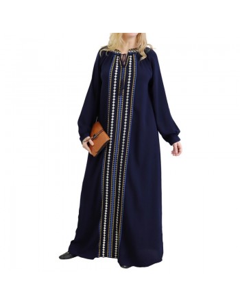 Robe Abaya brodée pour femme - Couleur Bleu Marine 