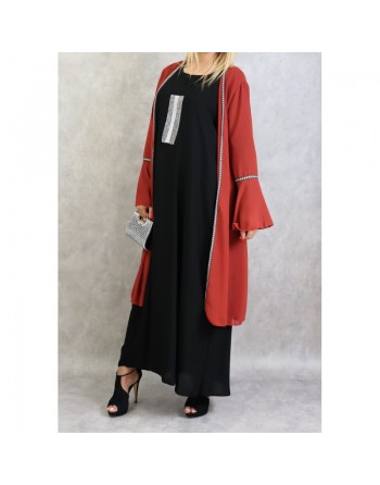 Robe femme de type Abaya Dubai moderne et chic à strass argentés et écharpe noire assortie 