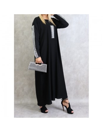 Robe femme de type Abaya Dubai moderne et chic à strass argentés et écharpe noire assortie 
