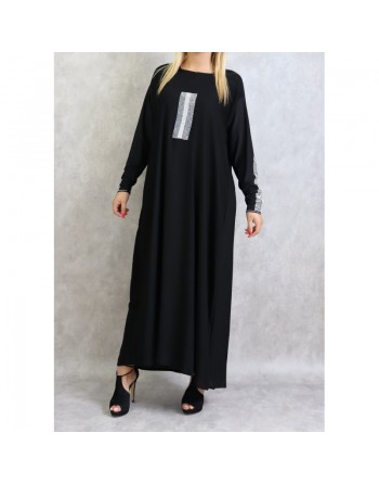 Robe femme de type Abaya Dubai moderne et chic à strass argentés et écharpe noire assortie 
