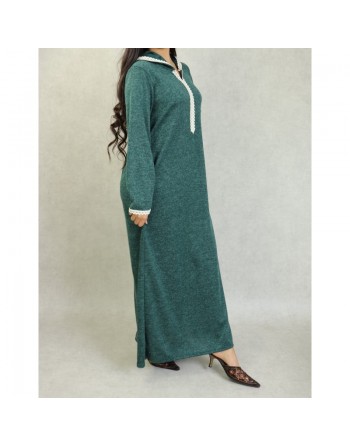 Djellaba tissu épais effet chiné pour femme avec dentelle et capuche - Couleur Vert chiné 