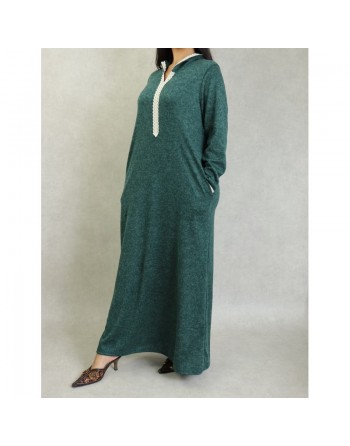 Djellaba tissu épais effet chiné pour femme avec dentelle et capuche - Couleur Vert chiné 