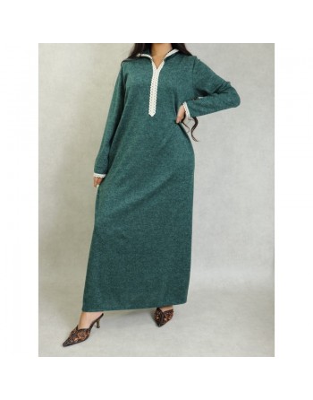 Djellaba tissu épais effet chiné pour femme avec dentelle et capuche - Couleur Vert chiné 