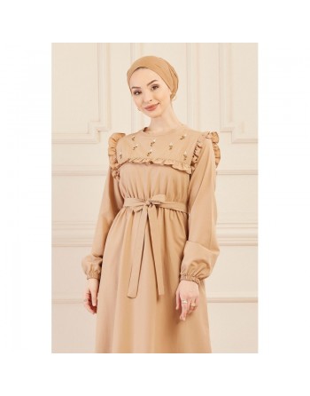 Robe brodée pour femme (Tenue élégante pour hijab) - Couleur beige 