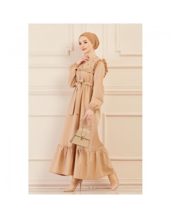 Robe brodée pour femme (Tenue élégante pour hijab) - Couleur beige 