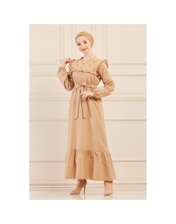 Robe brodée pour femme (Tenue élégante pour hijab) - Couleur beige 