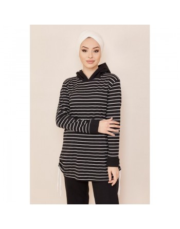 Ensemble décontracté tunique à rayures et son pantalon assorti - Couleur noir 