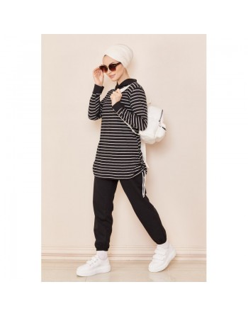 Ensemble décontracté tunique à rayures et son pantalon assorti - Couleur noir 