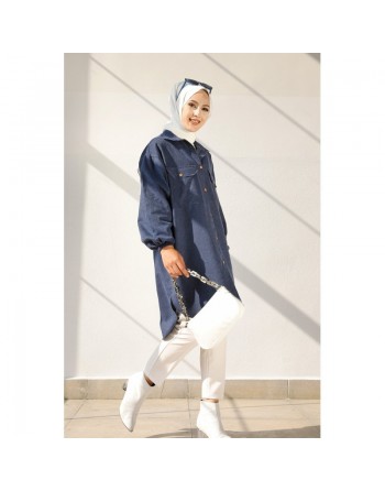 Chemise-Tunique ample pour femme (Vêtement Hijab 2024) - Couleur bleu indigo 