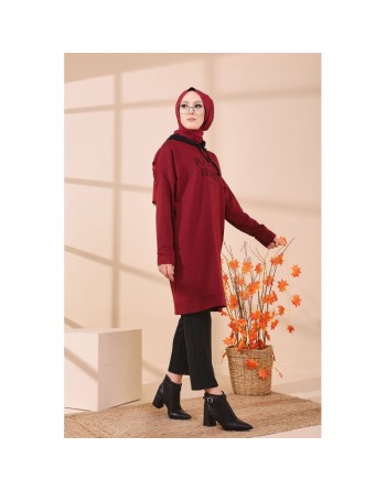 Tunique type sweat long à capuche (Vêtement pour Hijab - Mode Musulmane) - Couleur bordeaux (rouge foncé) 