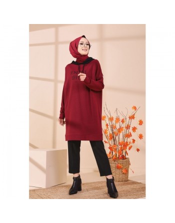 Tunique type sweat long à capuche (Vêtement pour Hijab - Mode Musulmane) - Couleur bordeaux (rouge foncé) 