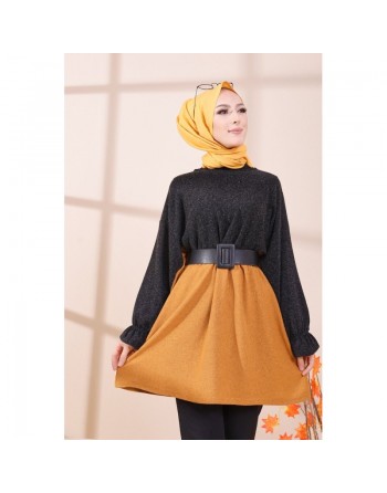 Tunique bicolore pour femme (Vetement hijab) - Couleur noir et moutarde 