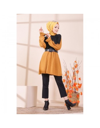 Tunique bicolore pour femme (Vetement hijab) - Couleur noir et moutarde 