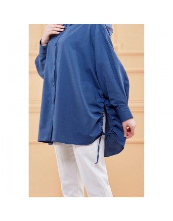 Tunique-chemise fendue habillée pour femme (Vêtement ample pour hijab style) - Couleur bleu pétrole 