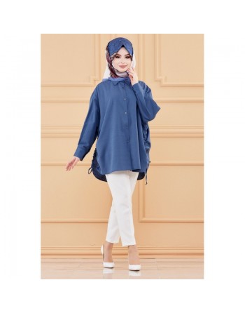 Tunique-chemise fendue habillée pour femme (Vêtement ample pour hijab style) - Couleur bleu pétrole 