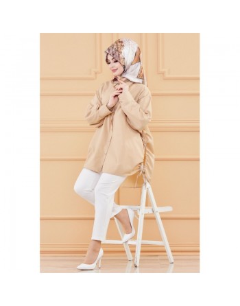 Chemise-Tunique fendue habillée pour femme (Style vestimentaire hijab) - Couleur beige 