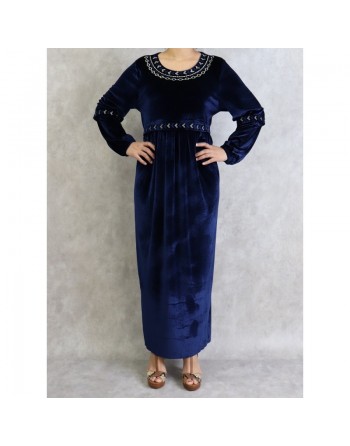 Robe longue en velours avec broderies - Couleur bleu marine 
