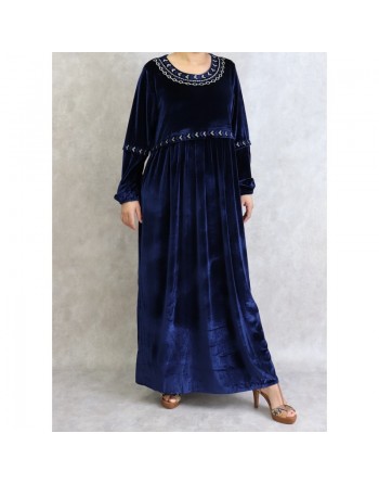 Robe longue en velours avec broderies - Couleur bleu marine 