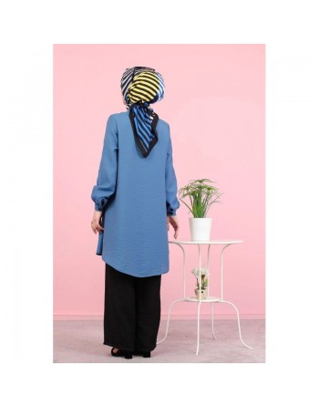 Chemise mi-longue fluide ample légèrement brillante (Vetement femme voilée) - Couleur Bleu 