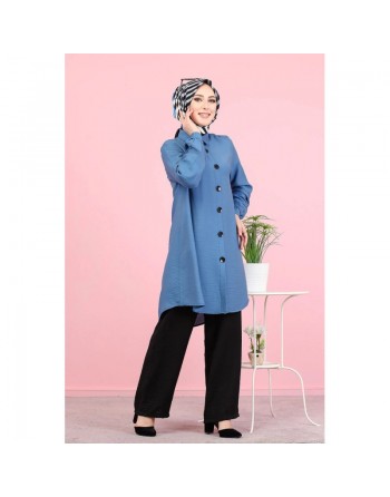 Chemise mi-longue fluide ample légèrement brillante (Vetement femme voilée) - Couleur Bleu 