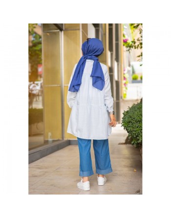 Chemise-Tunique casual ample à rayures bleu clair (Nouveauté Tenue Hijab pour femme voilée) 