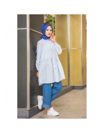 Chemise-Tunique casual ample à rayures bleu clair (Nouveauté Tenue Hijab pour femme voilée) 