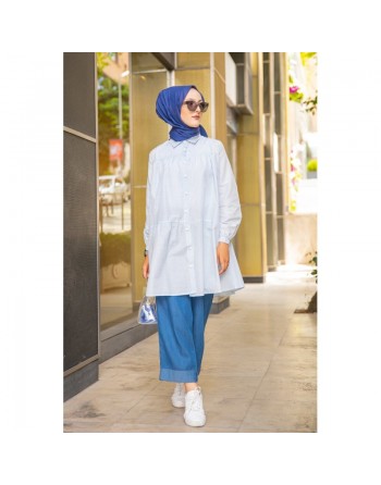 Chemise-Tunique casual ample à rayures bleu clair (Nouveauté Tenue Hijab pour femme voilée) 