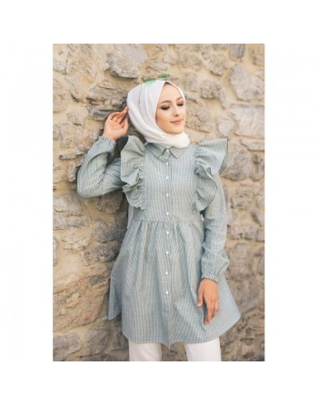 Tunique-chemise à volants ample pour femme (Vêtement pour Hijab - Nouvelle collection 2024) - Couleur des rayures vert... 