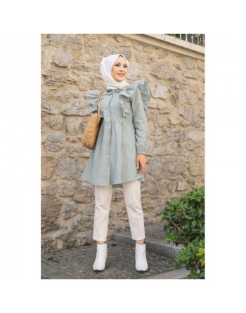 Tunique-chemise à volants ample pour femme (Vêtement pour Hijab - Nouvelle collection 2024) - Couleur des rayures vert... 
