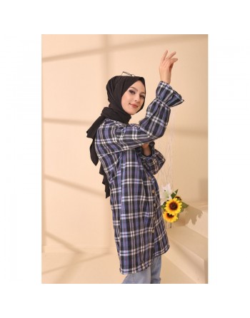 Chemise ample - Tunique à carreaux (Vêtement Hijab style 2024) - Rayures de couleur bleu 