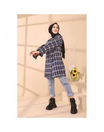 Chemise ample - Tunique à carreaux (Vêtement Hijab style 2024) - Rayures de couleur bleu 