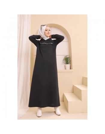 Robe longue style moderne avec capuche (Vetement hijab pour musulmane) - Couleur noir 