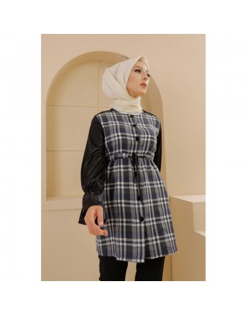 Tunique à carreaux et skaï pour femme (Vêtement Hijab - Collection) - Couleur bleu écru 