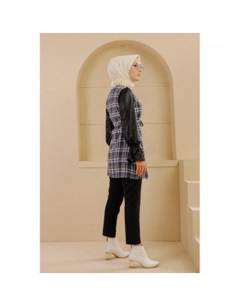 Tunique à carreaux et skaï pour femme (Vêtement Hijab - Collection) - Couleur bleu écru 
