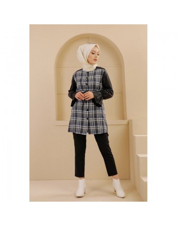 Tunique à carreaux et skaï pour femme (Vêtement Hijab - Collection) - Couleur bleu écru 