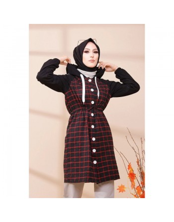 Tunique avec capuche pour femme (Vetement hijab style moderne) - Couleur noir et rouge 