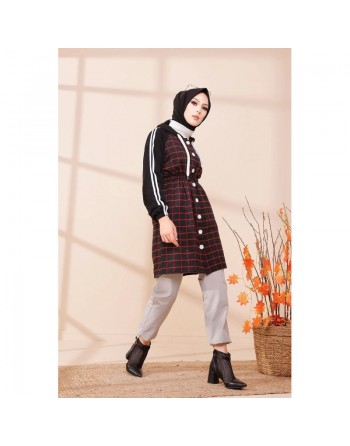 Tunique avec capuche pour femme (Vetement hijab style moderne) - Couleur noir et rouge 