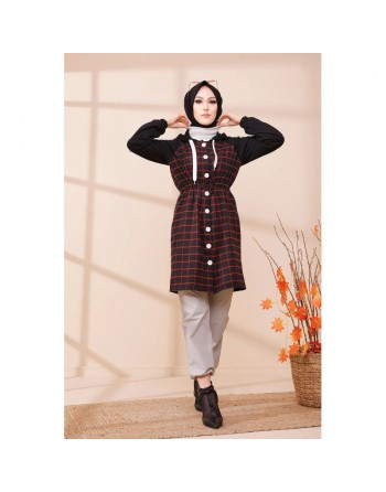Tunique avec capuche pour femme (Vetement hijab style moderne) - Couleur noir et rouge 