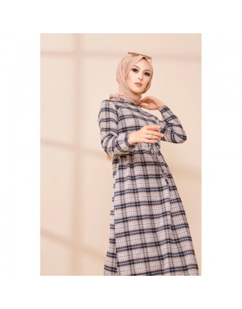 Robe longue en cachemire (Vetement hijab) - Couleur bleu marine et saumon 