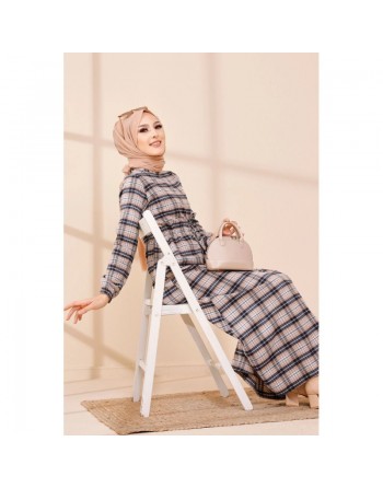 Robe longue en cachemire (Vetement hijab) - Couleur bleu marine et saumon 
