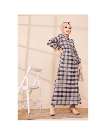 Robe longue en cachemire (Vetement hijab) - Couleur bleu marine et saumon 