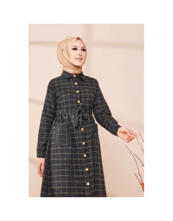 Robe chemise longue boutonnée à carreaux - Saison Automne-Hiver (Mode musulmane) - Couleur anthracite et vert 