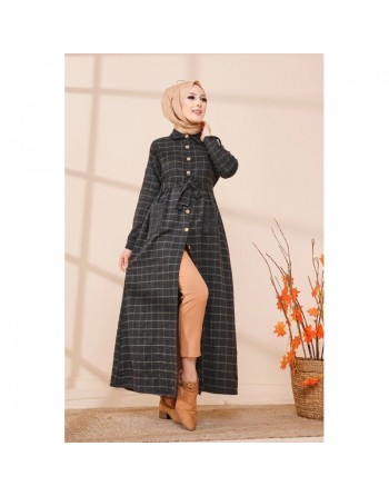 Robe chemise longue boutonnée à carreaux - Saison Automne-Hiver (Mode musulmane) - Couleur anthracite et vert 