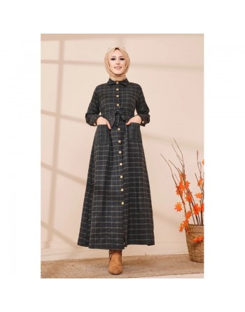 Robe chemise longue boutonnée à carreaux - Saison Automne-Hiver (Mode musulmane) - Couleur anthracite et vert 
