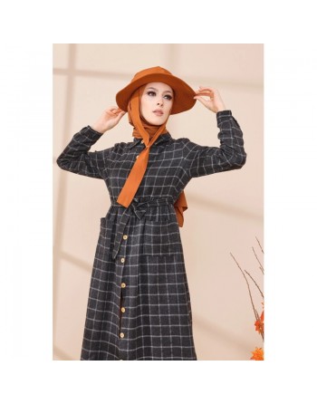 Robe chemise longue boutonnée à carreaux - Saison Automne-Hiver 2024 - Couleur anthracite 