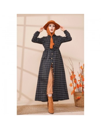 Robe chemise longue boutonnée à carreaux - Saison Automne-Hiver 2024 - Couleur anthracite 